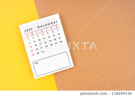 Calendar page for December 2024 on a yellow and brown. Calendar page for December 2024 on a yellow and brown. 116694336