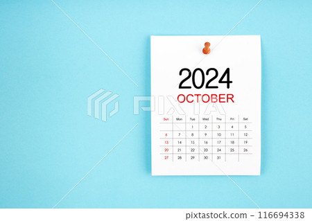October 2024 calendar page with push pin on blue background. October 2024 calendar page with push pin on blue background. 116694338