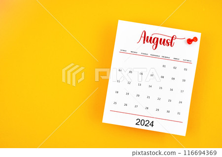 August 2024 calendar page with red push pin on yellow. 116694369