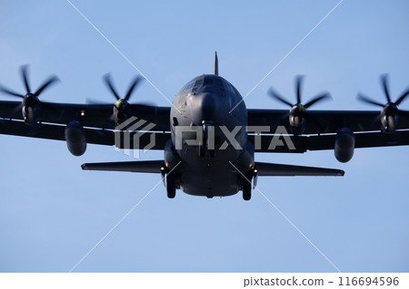 C130 transport plane landing at Yokota Air Base 116694596