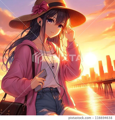 A woman walking in the city at dusk 116694638