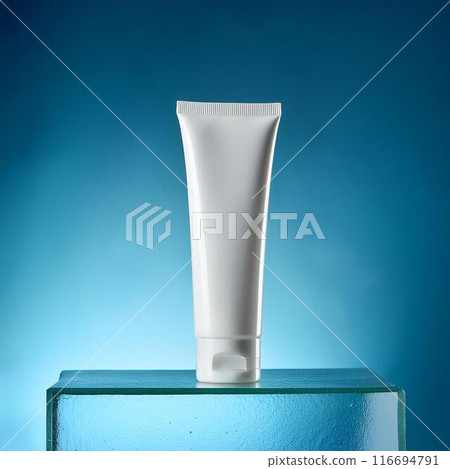 Cosmetic tube container, cosmetic package, blue background, photography mockup Cosmetic tube container, cosmetic package, blue background, photography mockup 116694791