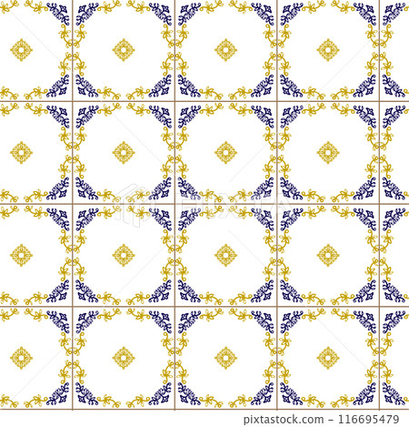 Azuleyo seamless pattern yellow and blue ornament.Portugal geometric ceramics. Azuleyo seamless pattern yellow and blue ornament.Portugal geometric ceramics. 116695479
