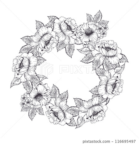 Spring floral circle wreath with hydrangea and peony flower. Line art little flower with leaves for card or invite, coloring page. Spring floral circle wreath with hydrangea and peony flower. Line art little flower with leaves for card or invite, coloring page. 116695497