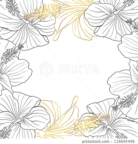 Hibiscus flower frame boarder for design of card, wedding invite, scrapbook. Line art black ink and golden hand drawn tropical floral background. Hibiscus flower frame boarder for design of card, wedding invite, scrapbook. Line art black ink and golden hand drawn tropical floral background. 116695498