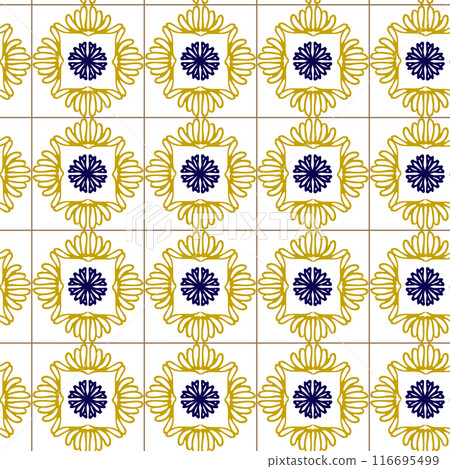 Azuleyo seamless pattern yellow and blue ornament.Portugal geometric ceramics. 116695499