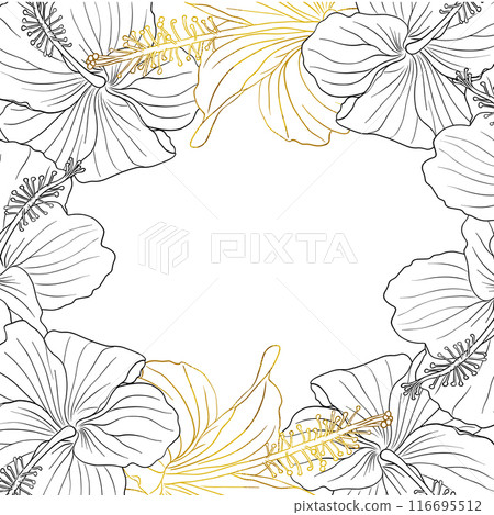 Hibiscus flower frame boarder for design of card, wedding invite, scrapbook. Line art black ink and golden hand drawn tropical floral background. 116695512