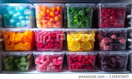 The fridge is full of food storage containers 116695605