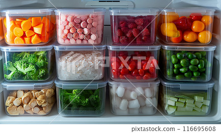 The fridge is full of food storage containers 116695608