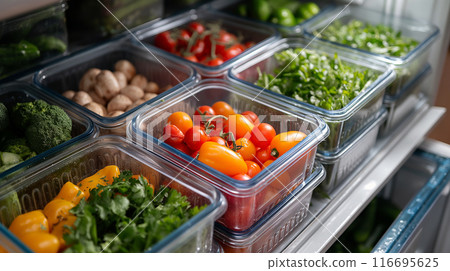 The fridge is full of food storage containers 116695625