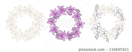 Lillie violet flower circle wreath set for wedding card or invitations. Hand drawn vector illustration template 116695921