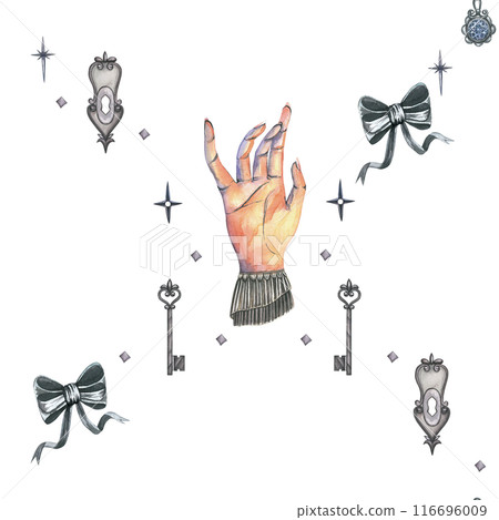Watercolor seamless pattern of hand, keyhole and key.Hand drawn, isolated on white background Watercolor seamless pattern of hand, keyhole and key.Hand drawn, isolated on white background 116696009