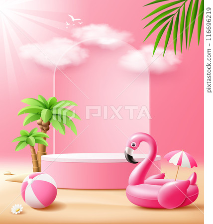 Summer podium display, Pink flamingo inflatable swimming pool, coconut trees, pile of sand, beach ball 116696219
