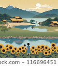 View of the Chikuma River and mountains from a sunflower field 116696451
