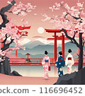 Spring plum blossoms and cute woman in kimono 116696452