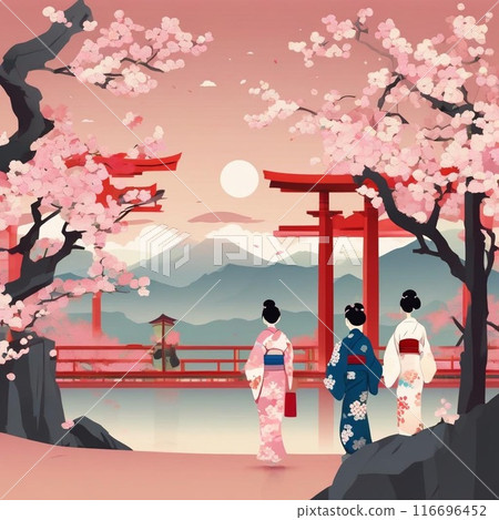 Spring plum blossoms and cute woman in kimono 116696452