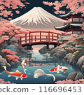 Spring scenery of cherry blossoms and a red bridge 116696453