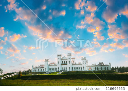 Kosava, Belarus. Summer Sun Shine Above Kosava Castle. Puslowski Palace Castle. Ruined Castellated Palace In Gothic Revival Style. Landmark And Heritage Kosava, Belarus. Summer Sun Shine Above Kosava Castle. Puslowski Palace Castle. Ruined Castellated Palace In Gothic Revival Style. Landmark And Heritage 116696633