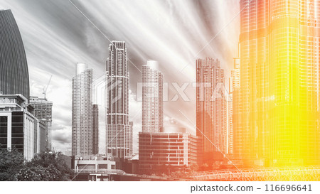 Amazing View On Downtown Dubai Futuristic Skyline. Modern Skyscrapers Architecture Of Dubai, Uae. Metro Road Among Glass Skyscrapers. All Colors Except Red, Pink And Yellow Reduced. Black And White 116696641