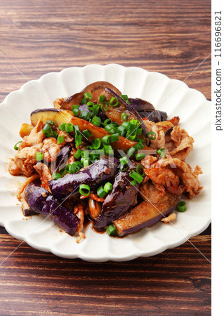 Eggplant and pork stir-fried with spicy miso Eggplant and pork stir-fried with spicy miso 116696821