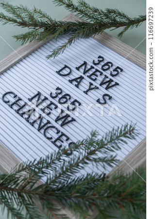 365 NEW DAYS 365 NEW CHANCES text on white letter board on green background with Christmas decor. New year aims resolutions. New year New me 116697239