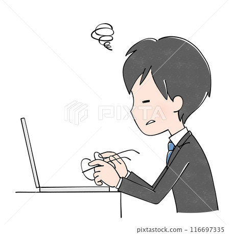 A man in a suit doing desk work takes off his glasses with a troubled look on his face 116697335