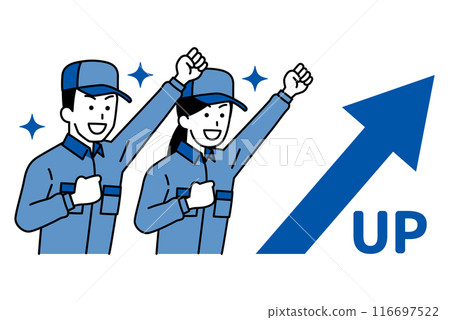 穿著工作服的男女歡騰著升起的箭和拳頭泵 116697522