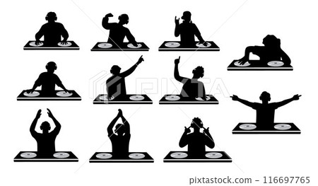 DJ, man playing DJ silhouette, Disc jockey man silhouette, DJ and record decks vector isolated on white 116697765