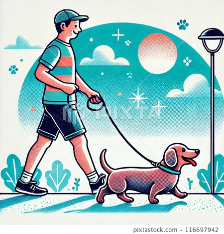 Illustration of a man walking his dog during the cool hours of the evening 116697942