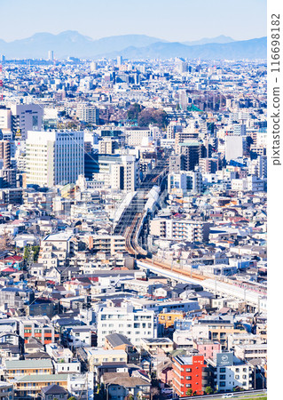 Aerial view of the Tokyu Denentoshi Line and residential areas along the line [Scenery of Kawasaki City] 116698182