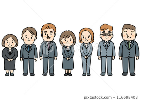 Full-body illustration of seven men and women in suits smiling 116698408