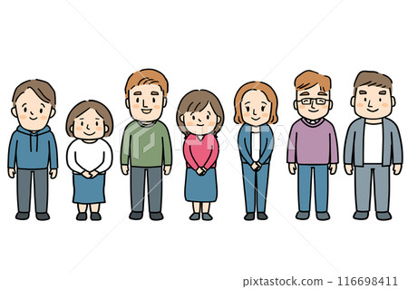 Full-body illustration of seven smiling men and women in casual clothes Full-body illustration of seven smiling men and women in casual clothes 116698411