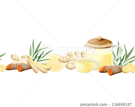 Ginger turmeric tea in glass teapot and cup watercolor seamless border isolated on white background. Hand drawn endless banner with healthy hot drink for traditional natural recipes and cafe menu Ginger turmeric tea in glass teapot and cup watercolor seamless border isolated on white background. Hand drawn endless banner with healthy hot drink for traditional natural recipes and cafe menu 116699187