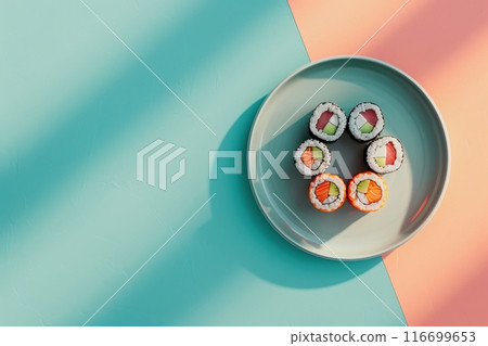 A plate of sushi with a background with Generative AI 116699653