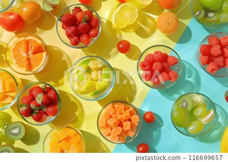 A colorful assortment of fruit in bowls on a table with Generative AI 116699657
