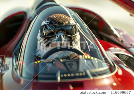 bird is driving a car with a leather jacket and sunglasses with Generative AI 116699697