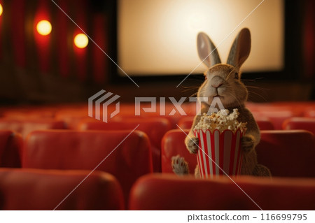 A rabbit is sitting in a movie theater and holding a box of popcorn with Generative AI 116699795