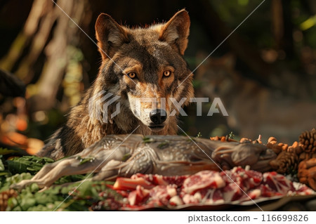 A wolf is looking at a piece of meat on a table with Generative AI 116699826