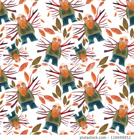 Watercolor seamless patern with autumn gnomes . Seasonal wrapping paper. Raster illustration for packaging, greeting cards, gifts, posters in the children's room. White background Watercolor seamless patern with autumn gnomes . Seasonal wrapping paper. Raster illustration for packaging, greeting cards, gifts, posters in the children's room. White background 116699852