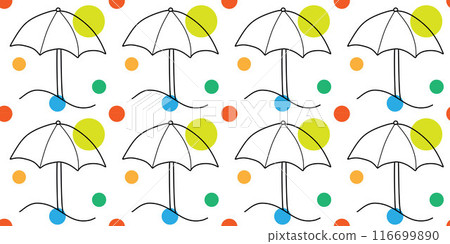 Linear Beach Umbrella seamless pattern. Sun umbrella Vector illustration with Color Spots. Summer Vacation Outline background. Template for Textile Print, Fabric, Decoration, Gift Wrapping Paper. 116699890