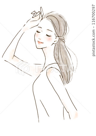 UV protection: Illustration of a woman with perfect UV protection measures, watercolor style 116700297