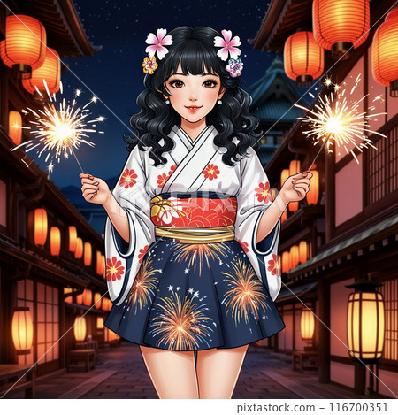 A girl wearing a kimono dress with a fireworks pattern holding sparklers in both hands 116700351