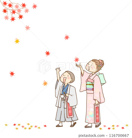 Children wearing Shichigosan kimonos and autumn leaves 116700667