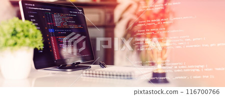 Programmer's program code on a computer screen. Web development and coding concept. Programmer's program code on a computer screen. Web development and coding concept. 116700766