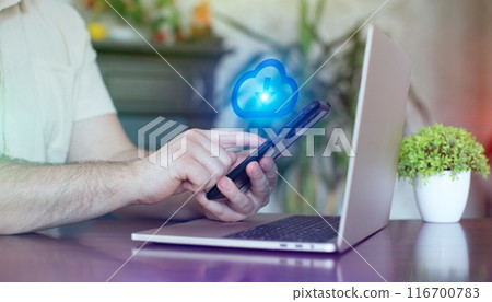 Man using smartphone with cloud computing icon. Internet technology and networking concept. 116700783