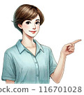 A pretty woman with short hair wearing a shirt pointing up 116701028