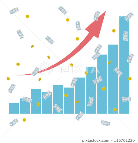 Illustration of a rising graph and flying coins, bills and money Illustration of a rising graph and flying coins, bills and money 116701220