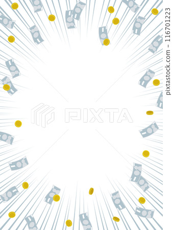 A4 portrait frame with a focus line background and money, coins, and bills flying around 116701223