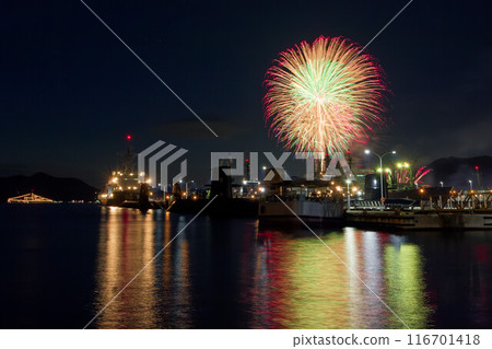 Colorful scenery of the Kure Summer Festival and the Fireworks Display on the Sea Colorful scenery of the Kure Summer Festival and the Fireworks Display on the Sea 116701418
