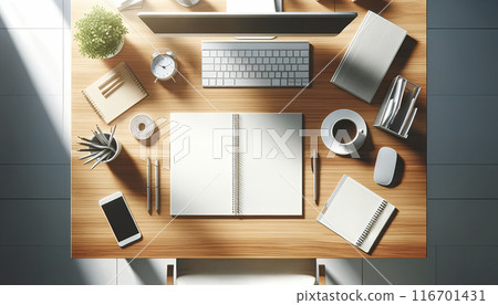 Aerial view of an office desk with a computer, smartphone and notebook Aerial view of an office desk with a computer, smartphone and notebook 116701431